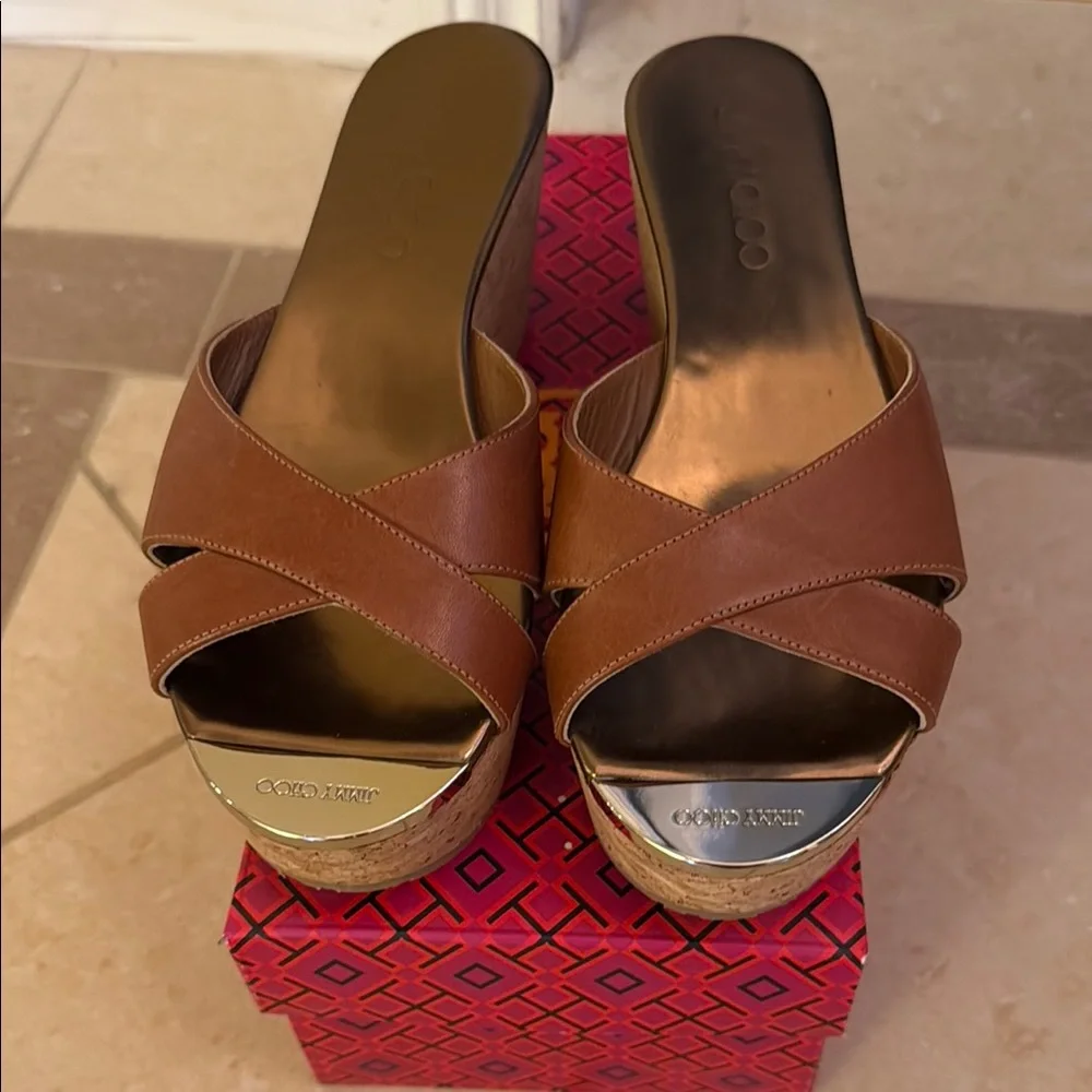 Jimmy Choo Brown and Gold Mules - Picture 7 of 8